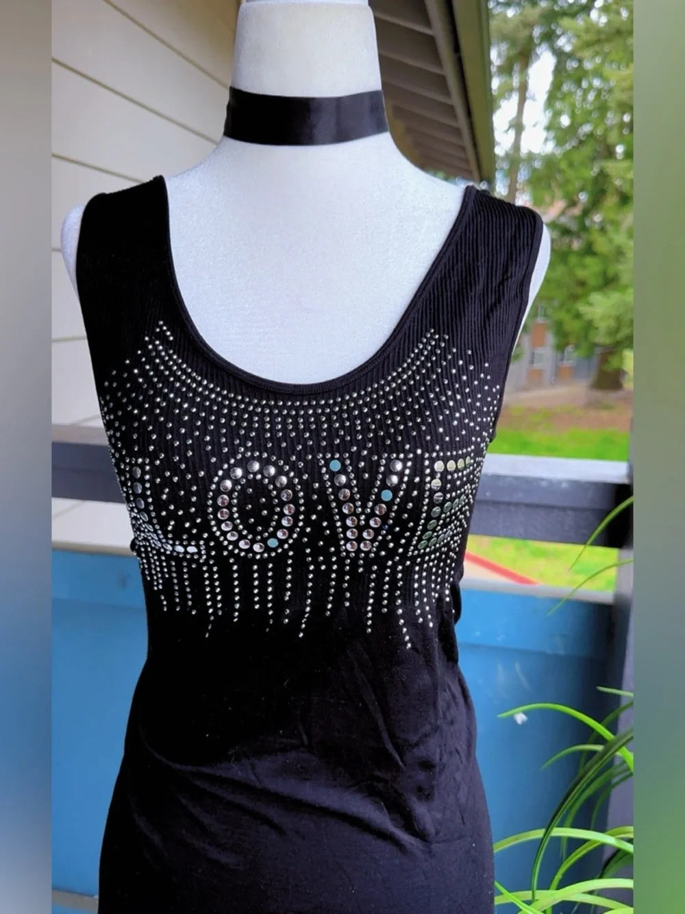 Black Embellished 'LOVE' Scoop Neck Tank Top dress sz M - Picture 1 of 6